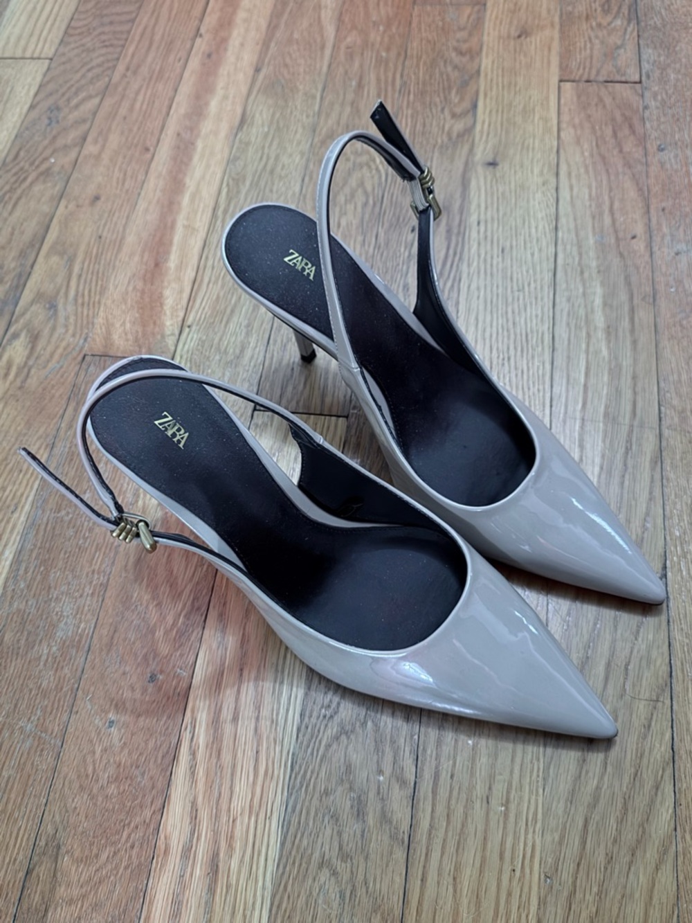 Zara Patent Pointed-Toe Slingback Heels Pumps in Beige Taupe Size 9